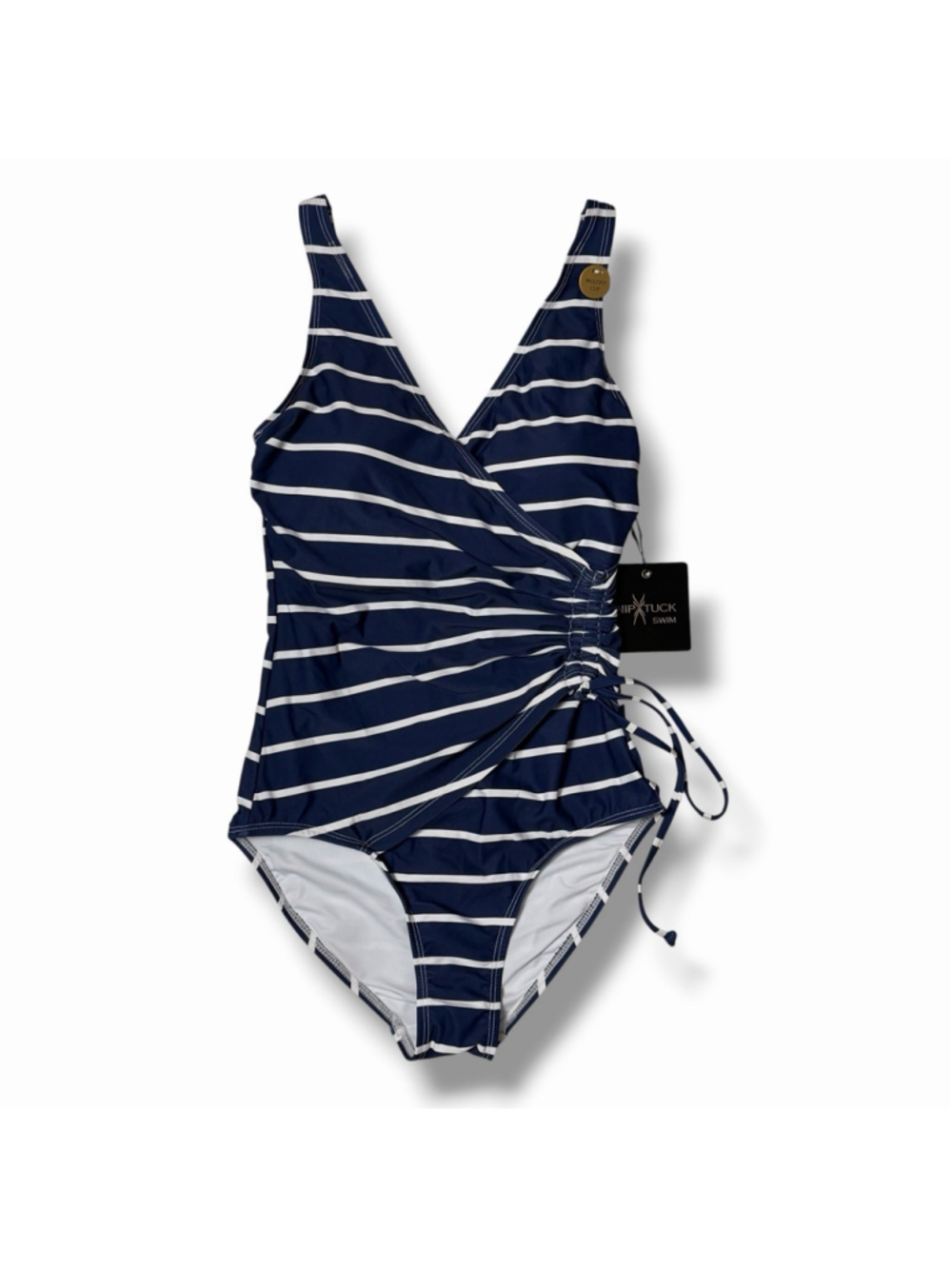 Nip Tuck Swim NWT Navy White Stripe One Piece 4 Side Tie Slimming